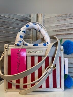 Betsey Johnson White & Red Striped Satchel with Blue Pom Accent